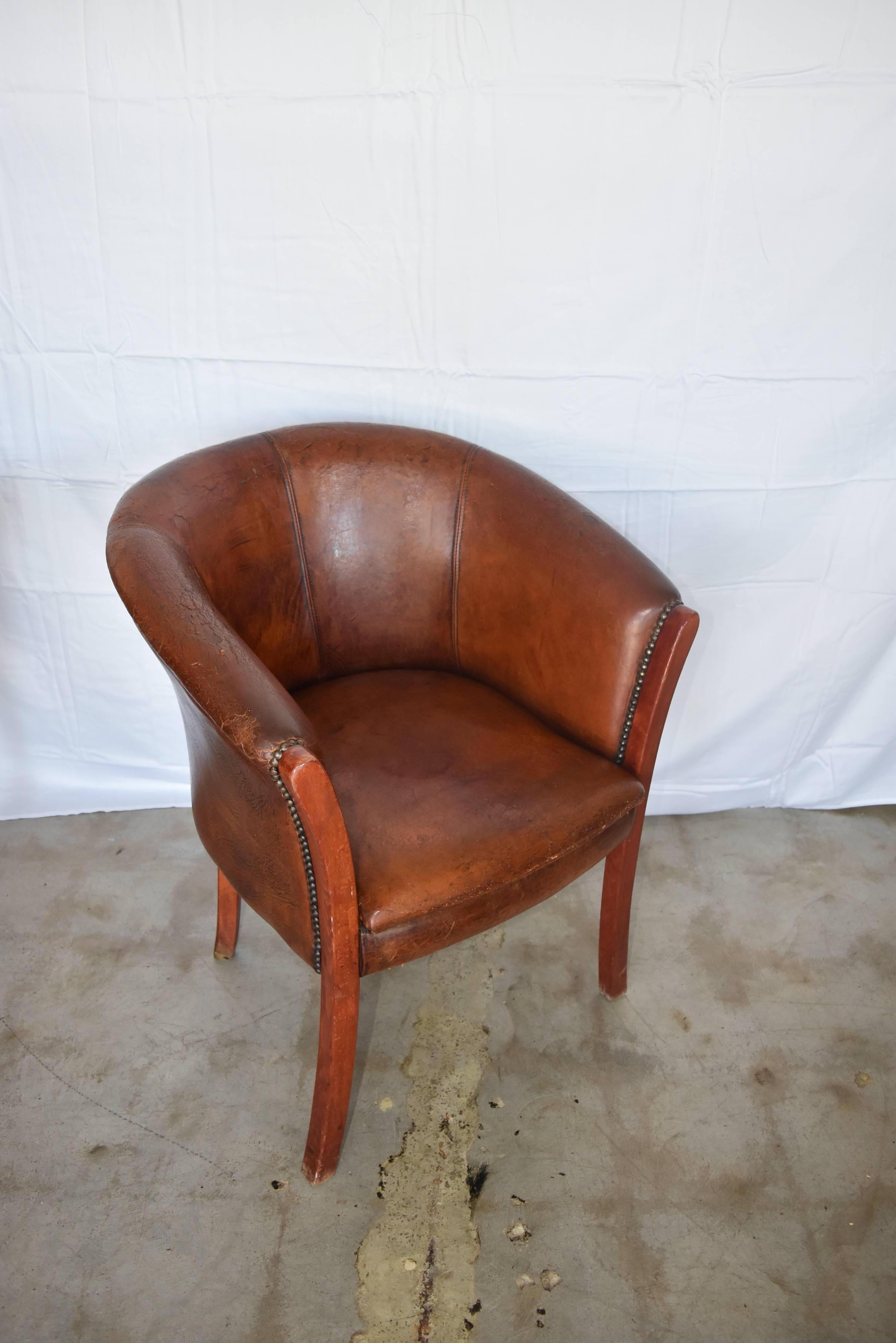 Vintage French or Belgian Wood Cognac Leather Club Chairs 5