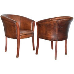 Vintage French or Belgian Wood Cognac Leather Club Chairs Antique French or Belgian Wood Cognac Leather Club Chairs