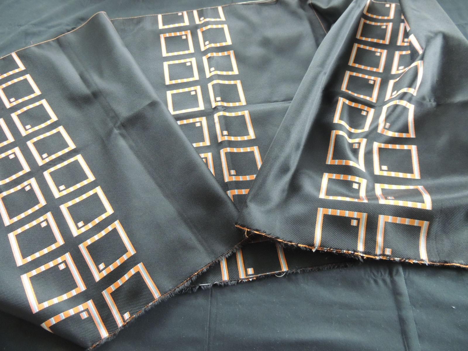 Silk Vintage French Orange and Black Deco Pattern Textile For Sale