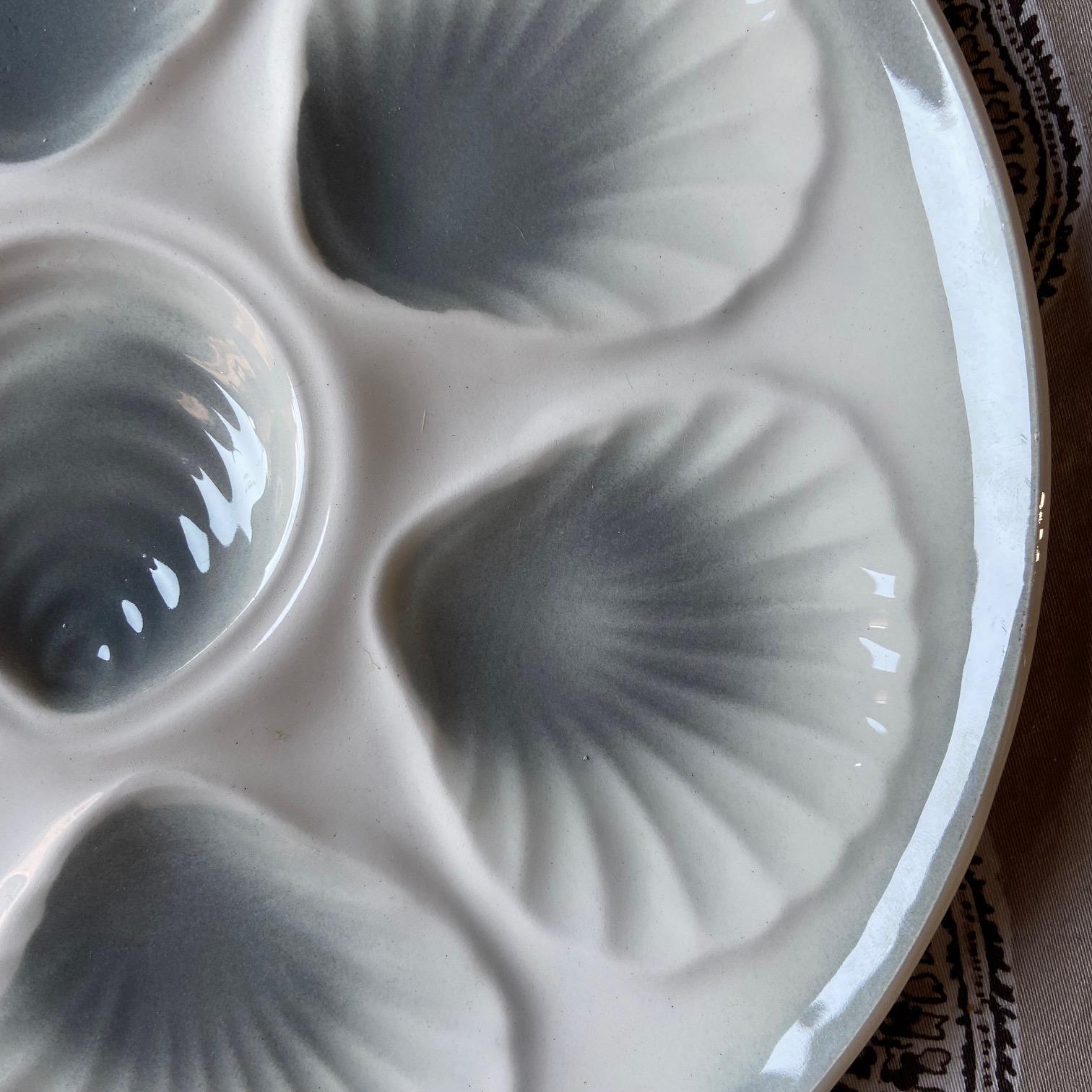 Glazed Vintage French Orchies Majolica Oyster Shell Plates and Platter, set of 7 For Sale