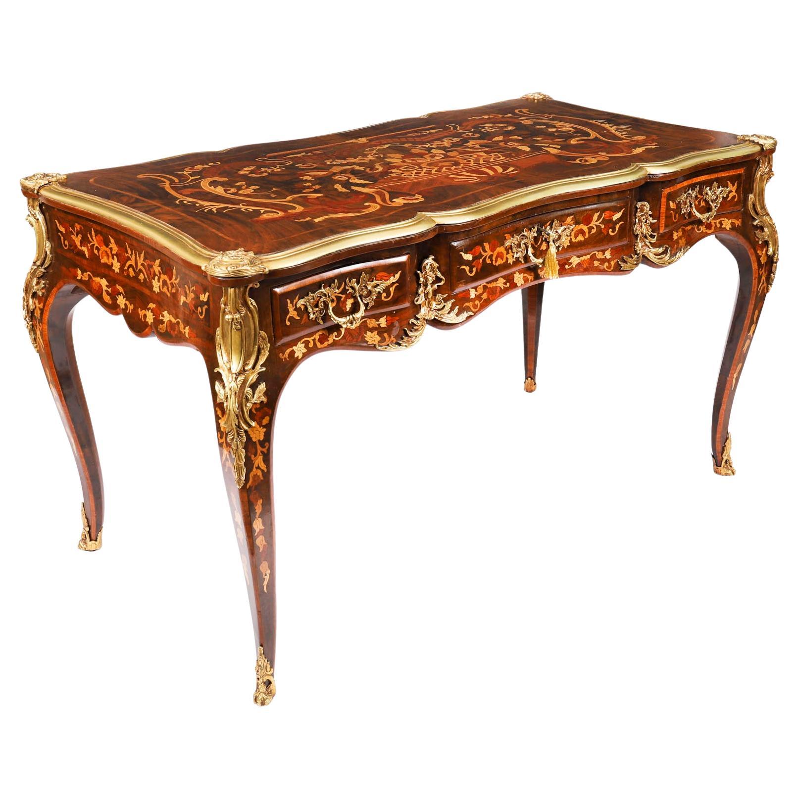 Vintage French Ormolu Mounted Marquetry Bureau Plat Desk 20th Century