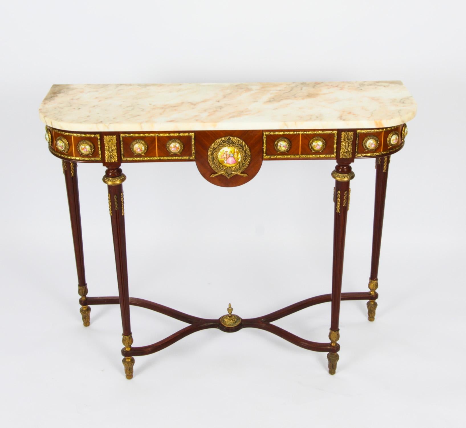 Vintage French Ormolu & Porcelain Mounted Console Table Mid 20th Century 10