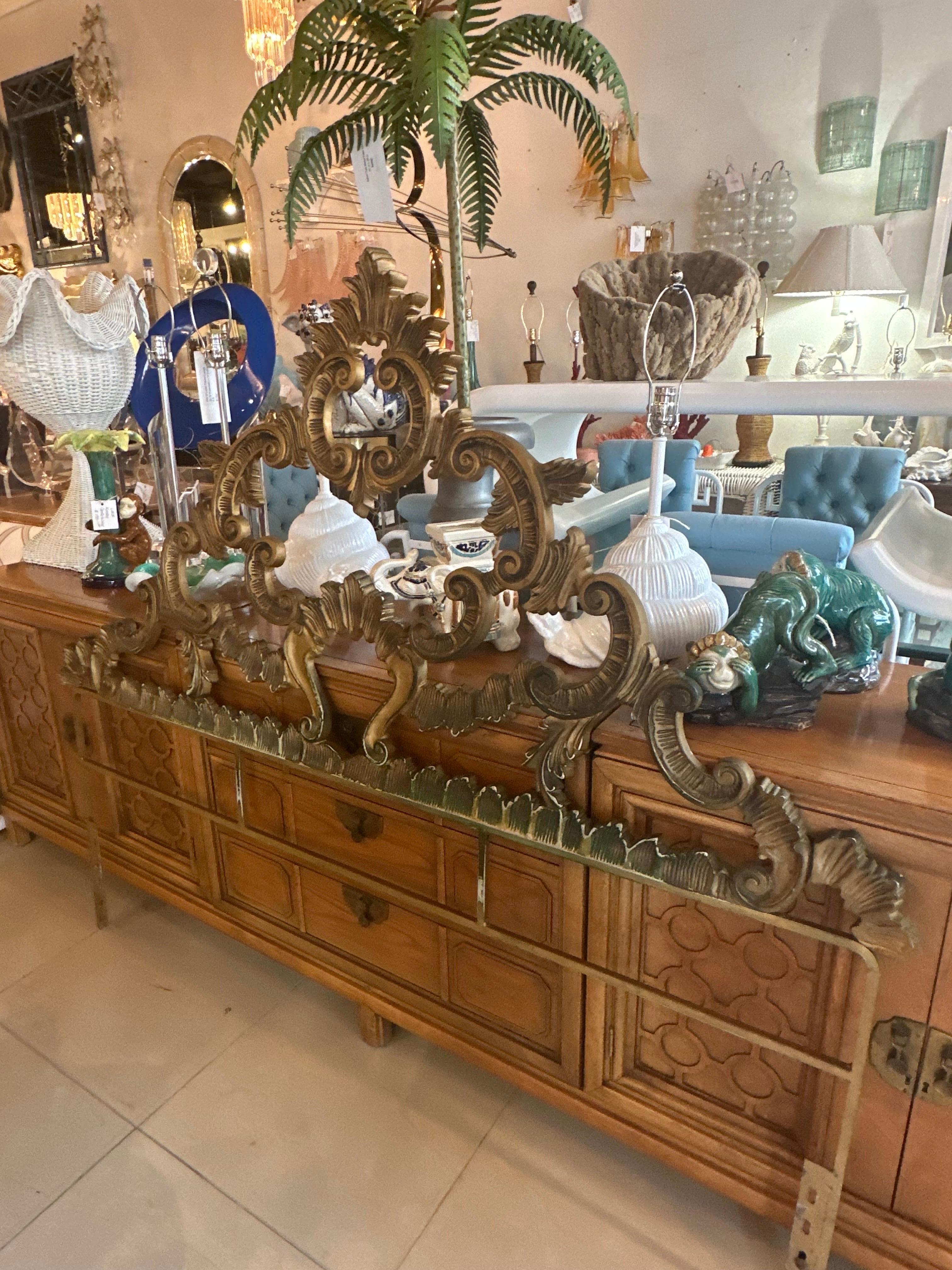 Lovely vintage French ornate metal full size headboard bed. Original gold painted finish has wear. Please see pics. This can be left as is or lacquered/painted in a color. Dimensions: 62.5 W x 54.5 H x 2 D. 