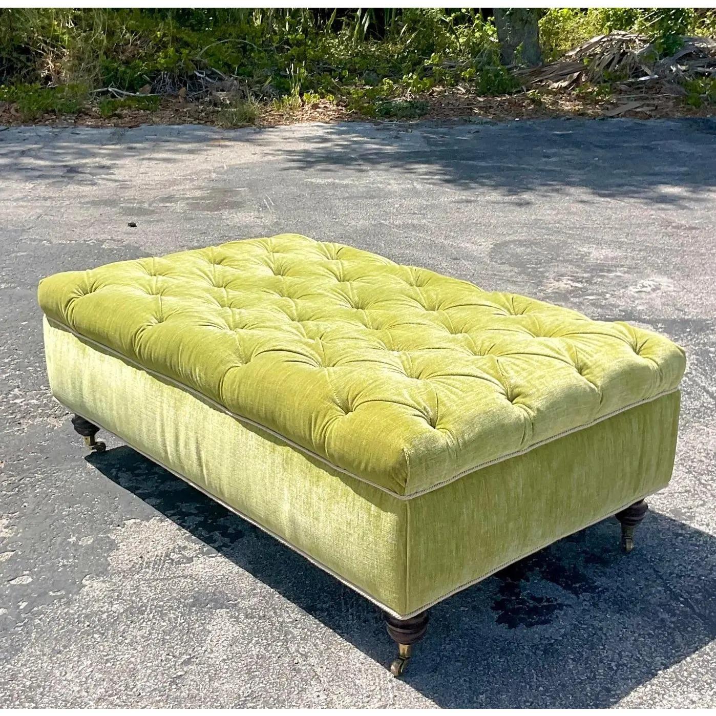 Vintage French Ottoman in Green Scalamandré Velvet In Good Condition In west palm beach, FL