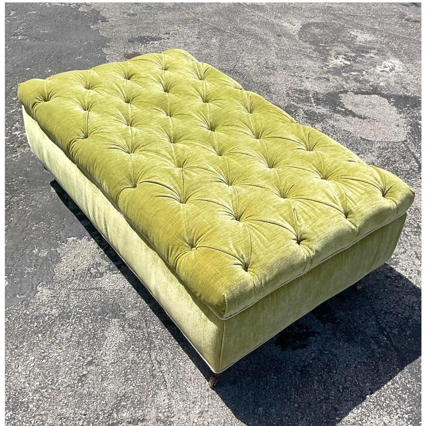 Vintage French Ottoman in Green Scalamandré Velvet 1