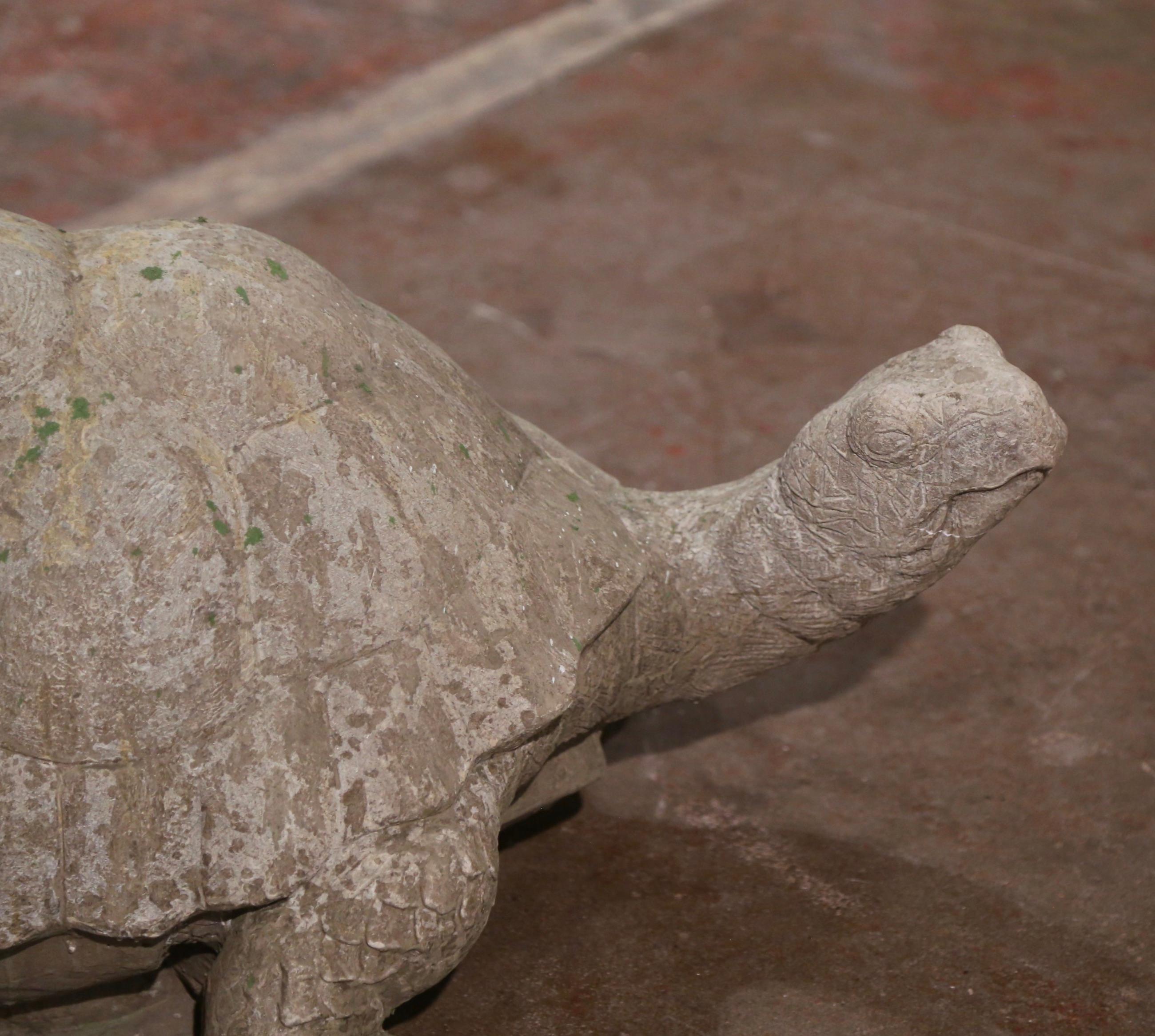 Patinated Vintage French Outdoor Weathered Stone Turtle For Sale
