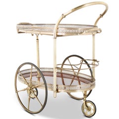 Vintage French Oval Brass and Mahogany Drinks Trolley