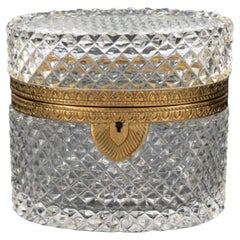 Vintage French Oval Cut Crystal Casket Box Brass Mounts with Key