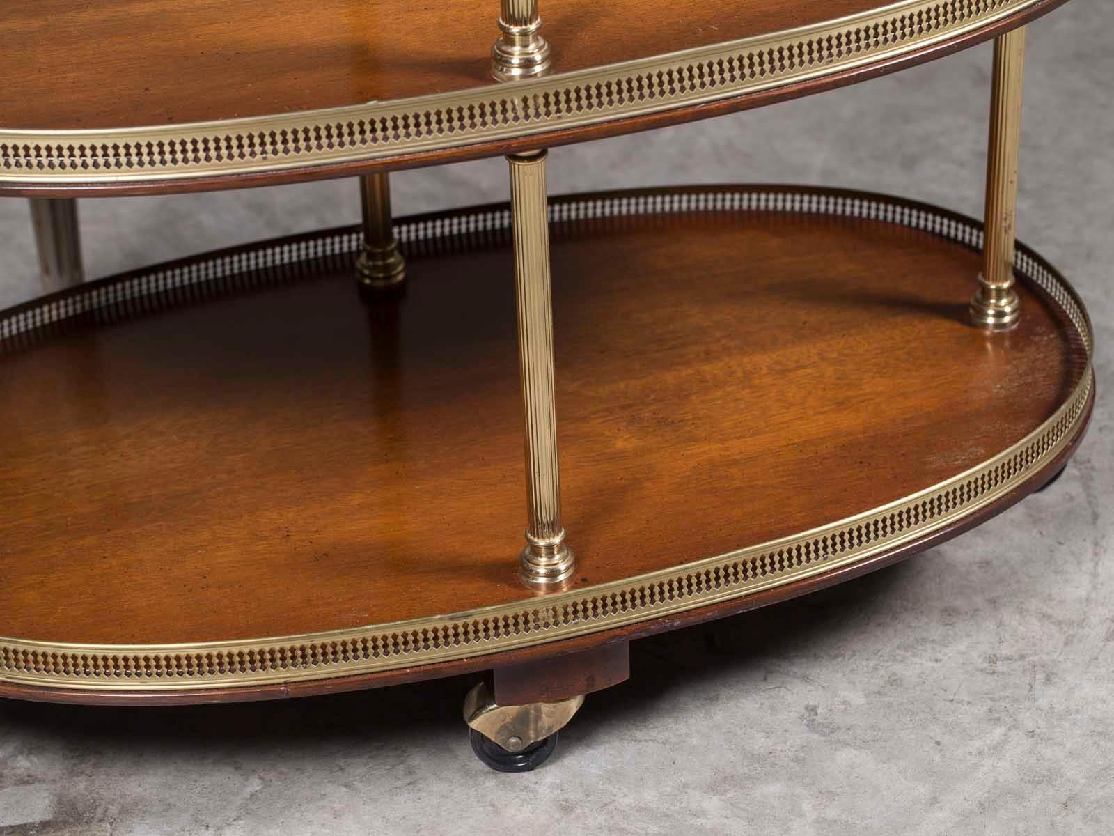 Vintage French Oval Mahogany Brass Serving Bar Cart on Casters, circa 1970 In Good Condition In Houston, TX