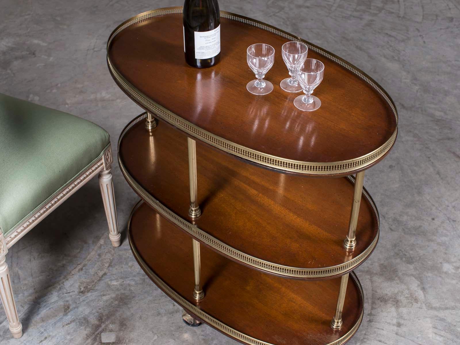 20th Century Vintage French Oval Mahogany Brass Serving Bar Cart on Casters, circa 1970