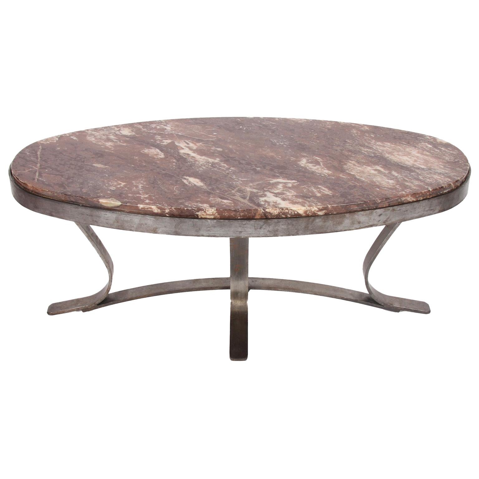 Vintage French Oval Marble and Brushed Steel Coffee Table For Sale