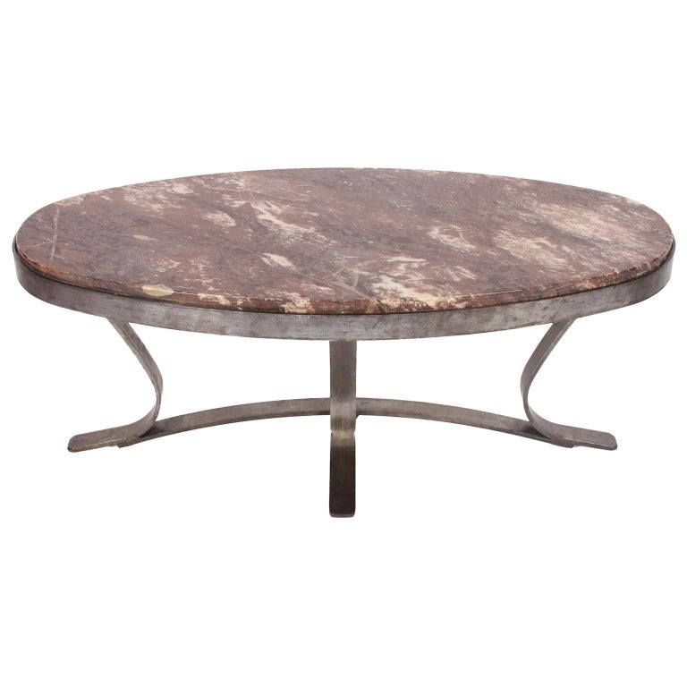 Vintage French Oval Marble and Brushed Steel Coffee Table For Sale at