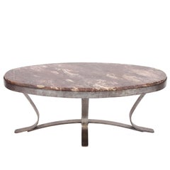 Vintage French Oval Marble and Brushed Steel Coffee Table