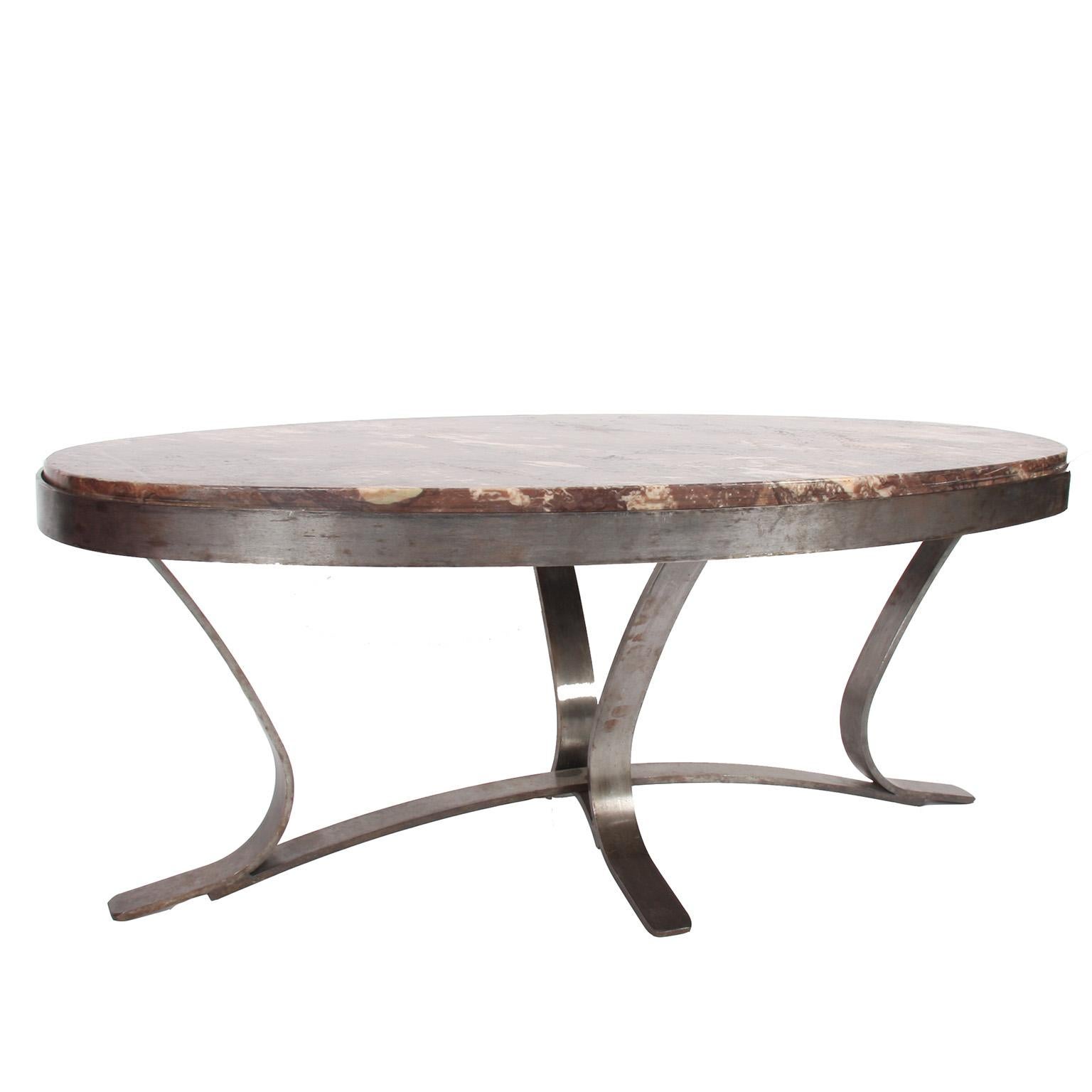 Vintage French Oval Marble and Brushed Steel Coffee Table In Good Condition For Sale In London, GB