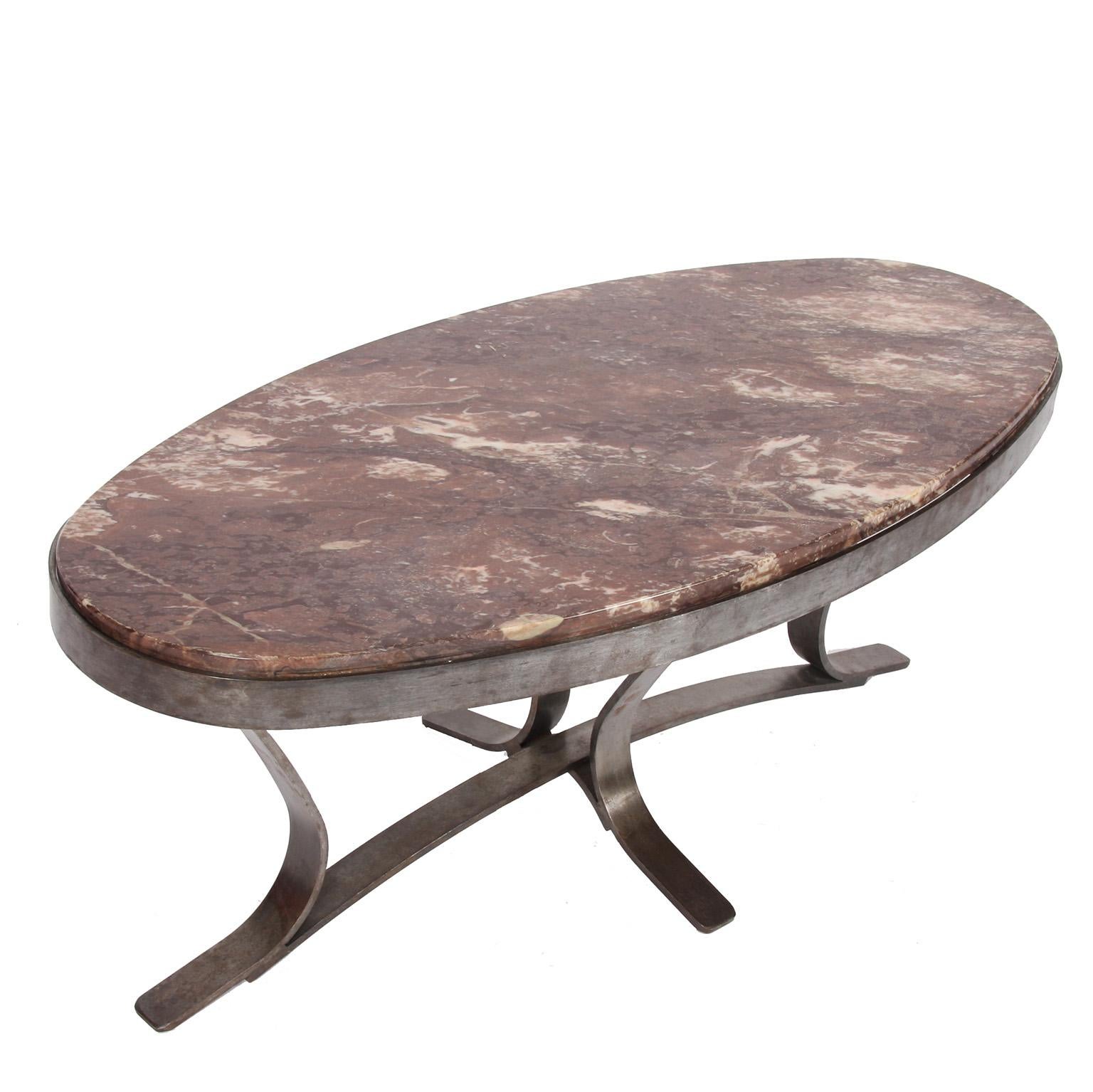 Late 20th Century Vintage French Oval Marble and Brushed Steel Coffee Table For Sale