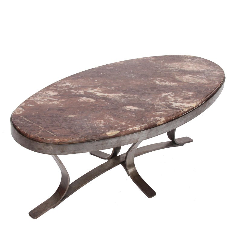 Vintage French Oval Marble and Brushed Steel Coffee Table For Sale at