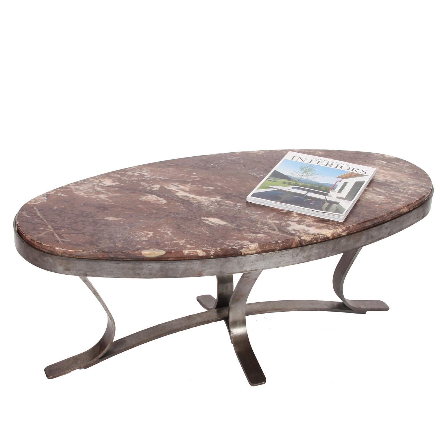Vintage French Oval Marble and Brushed Steel Coffee Table For Sale 1