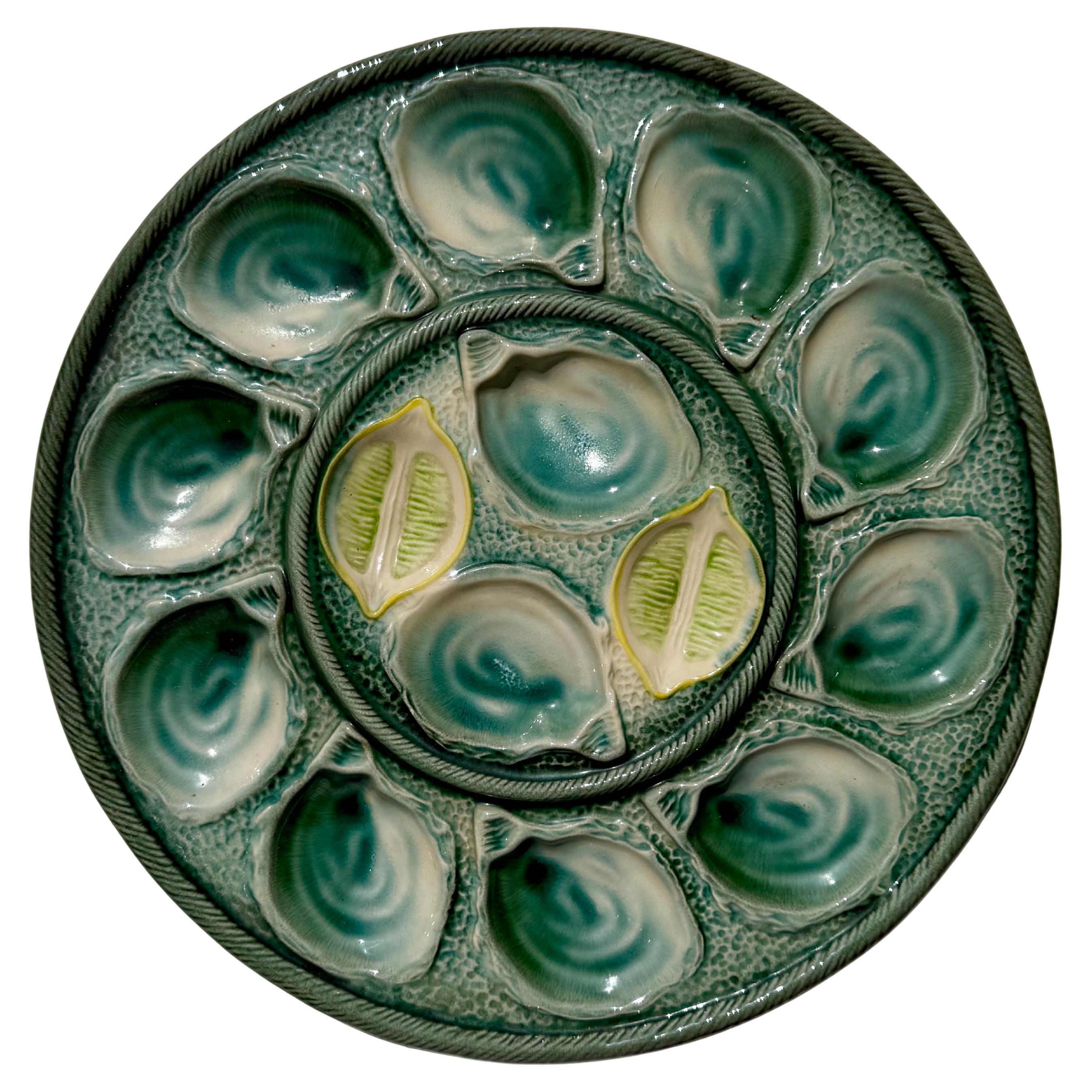 Vintage French oyster plate set, Sarreguemines, France, circa 1950