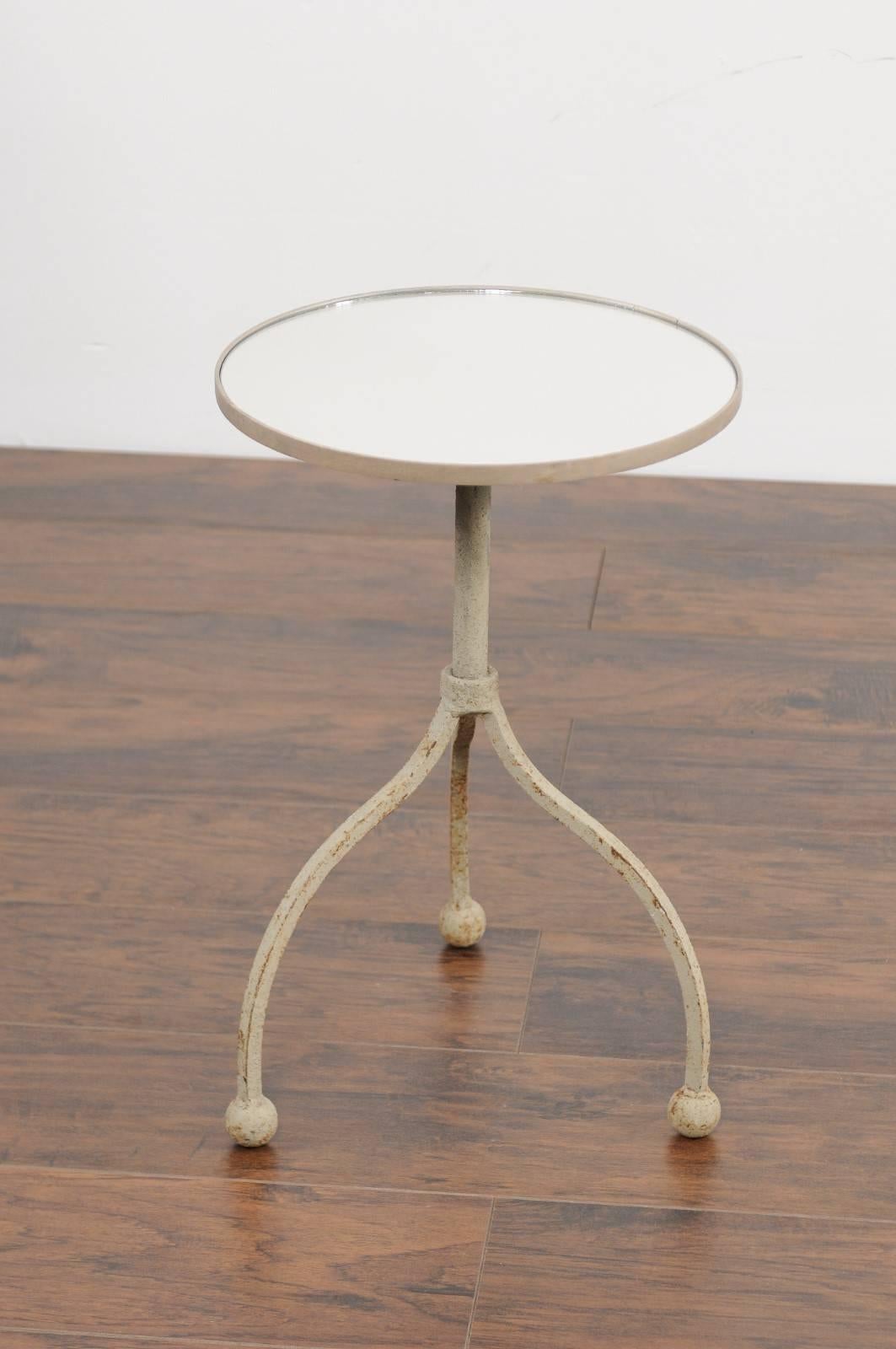 Mirror Vintage French Painted Iron Circular Side Table with Tripod Base, circa 1940