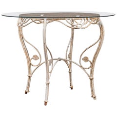 Vintage French Painted Iron Garden Table Base circa 1930 with Glass Top