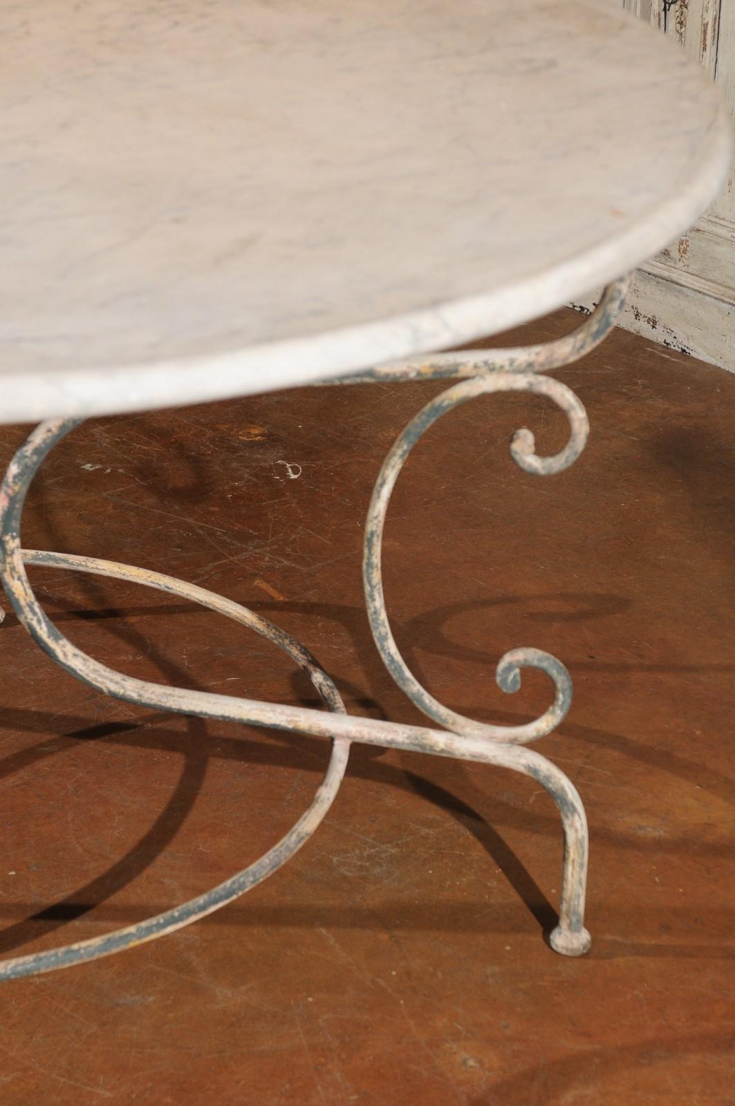 Vintage French Painted Iron Garden Table with Marble Top and Scrolled Base 5