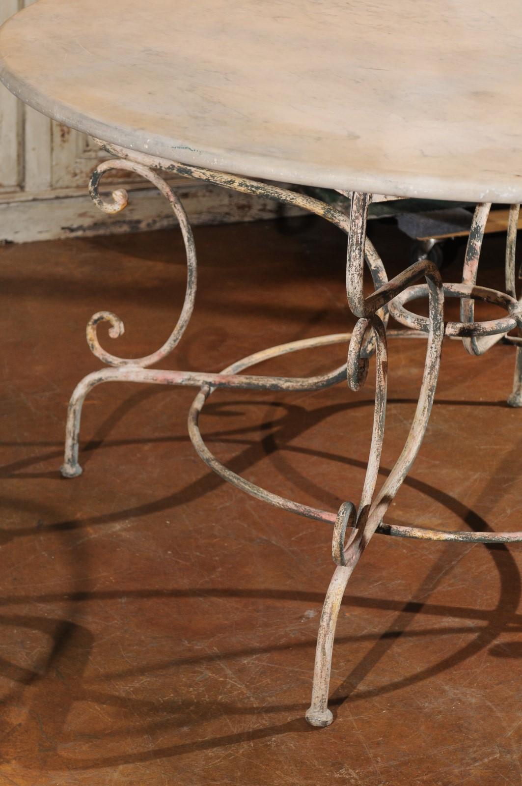Mid-Century Modern Vintage French Painted Iron Garden Table with Marble Top and Scrolled Base