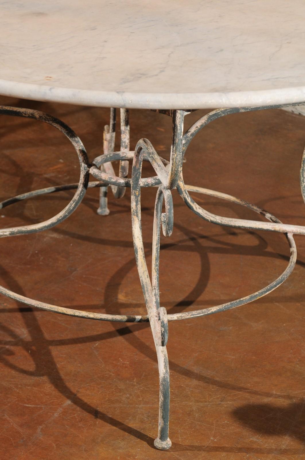 Vintage French Painted Iron Garden Table with Marble Top and Scrolled Base 1