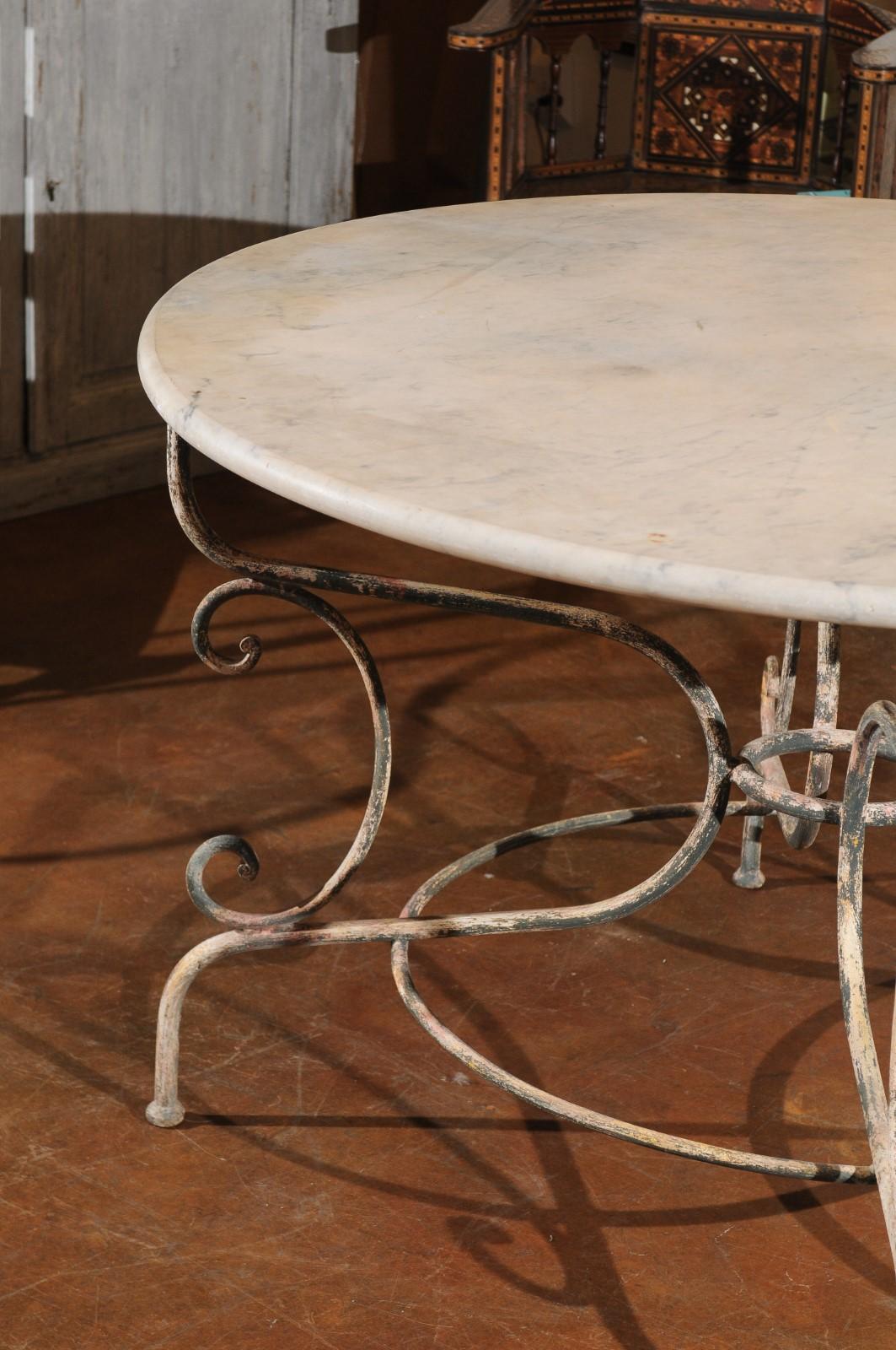 Vintage French Painted Iron Garden Table with Marble Top and Scrolled Base 2