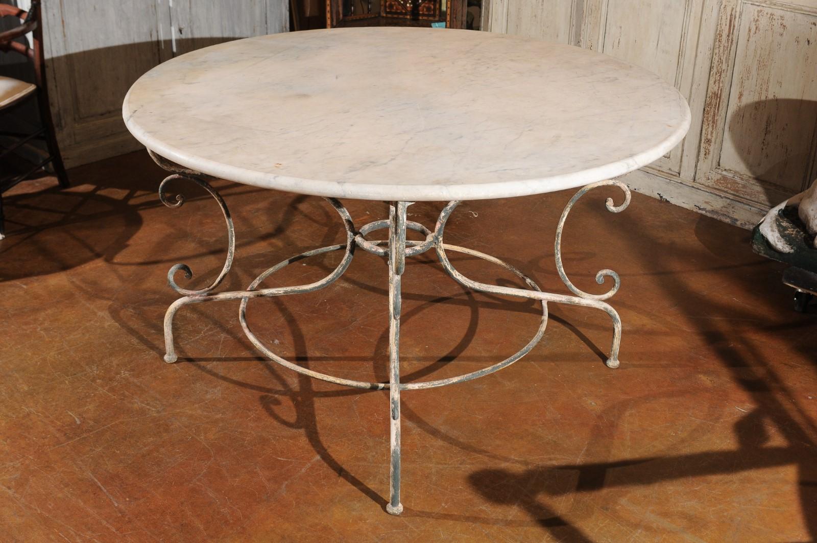 Vintage French Painted Iron Garden Table with Marble Top and Scrolled Base 4
