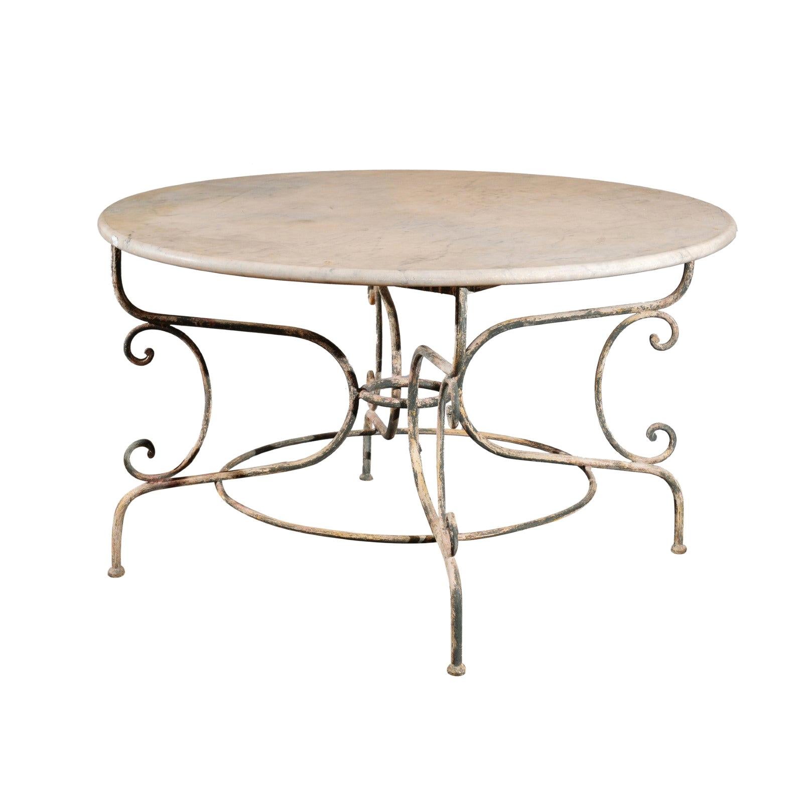 Vintage French Painted Iron Garden Table with Marble Top and Scrolled Base