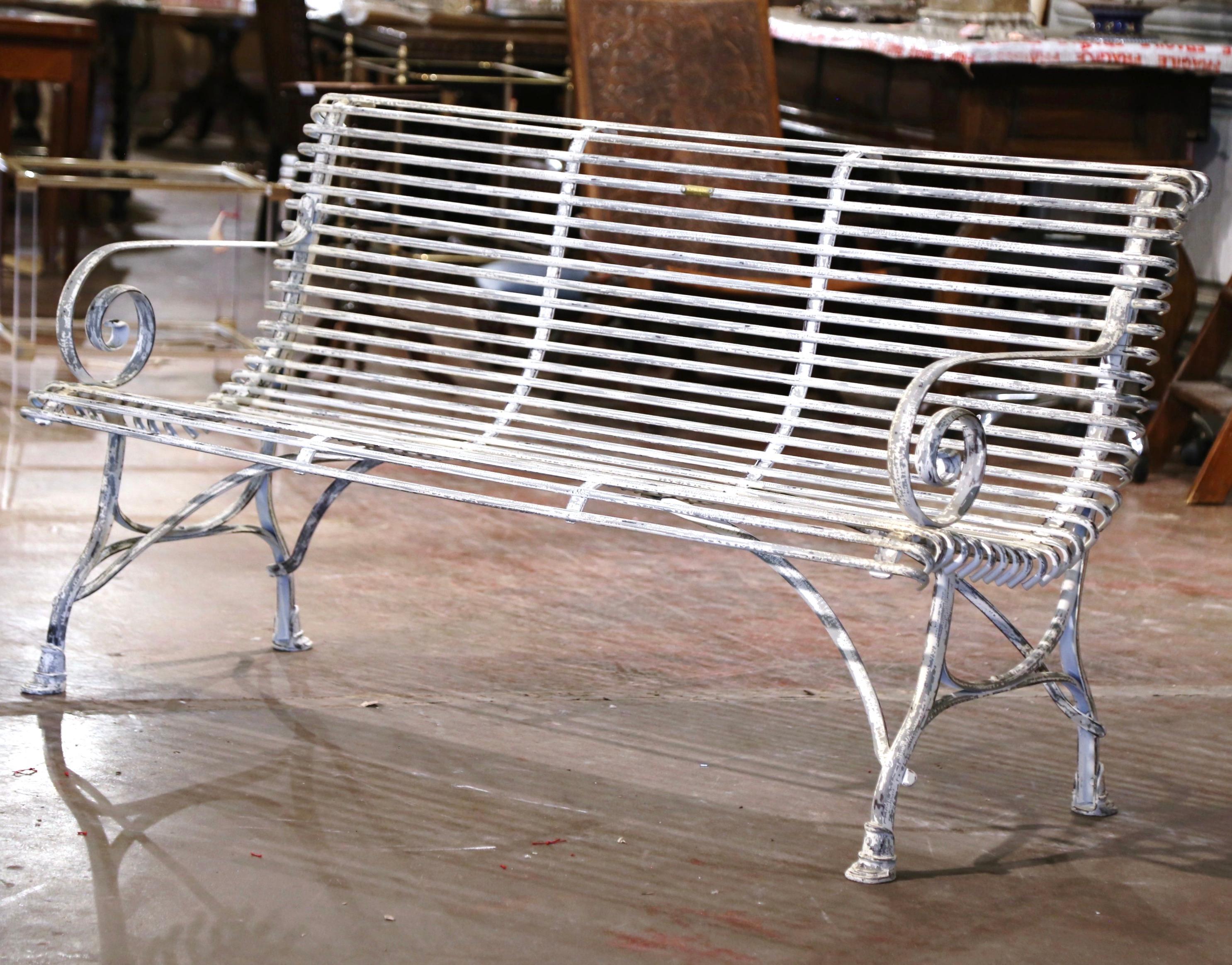Contemporary Vintage French Painted Iron Three-Seat Garden Bench Signed Sauveur Arras For Sale