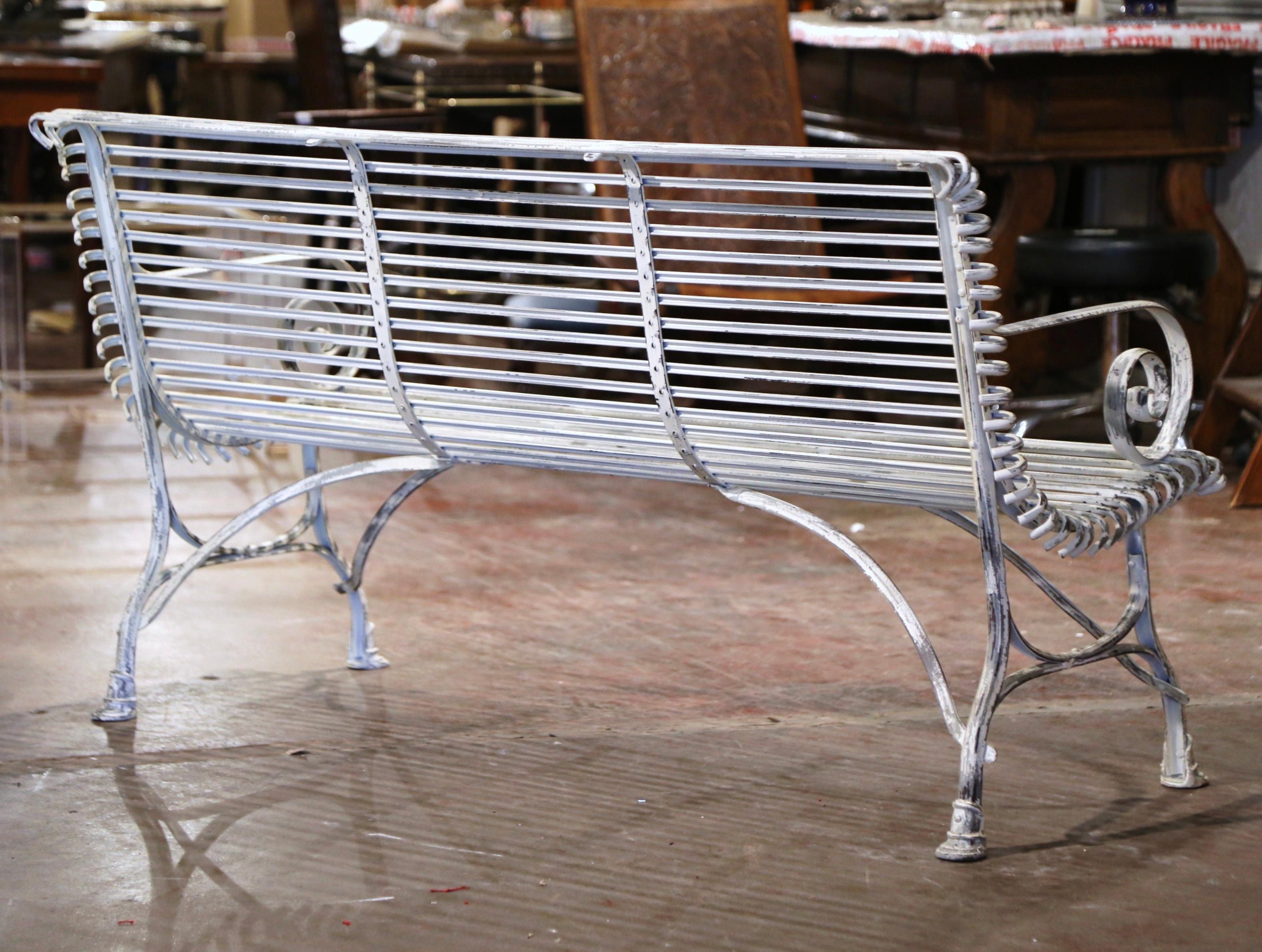 Vintage French Painted Iron Three-Seat Garden Bench Signed Sauveur Arras For Sale 2