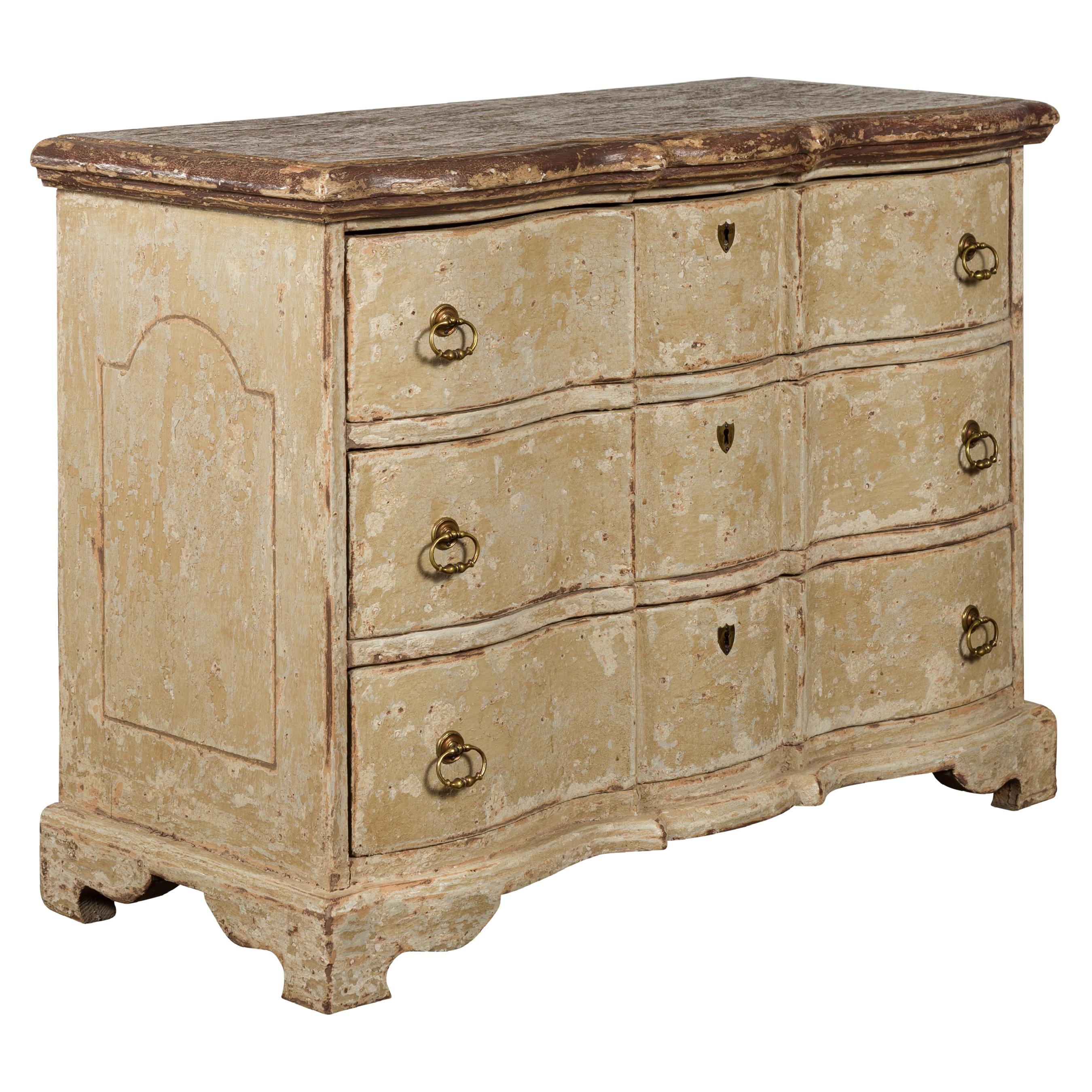 Vintage French Painted Serpentine Three-Drawer Commode with Distressed Finish