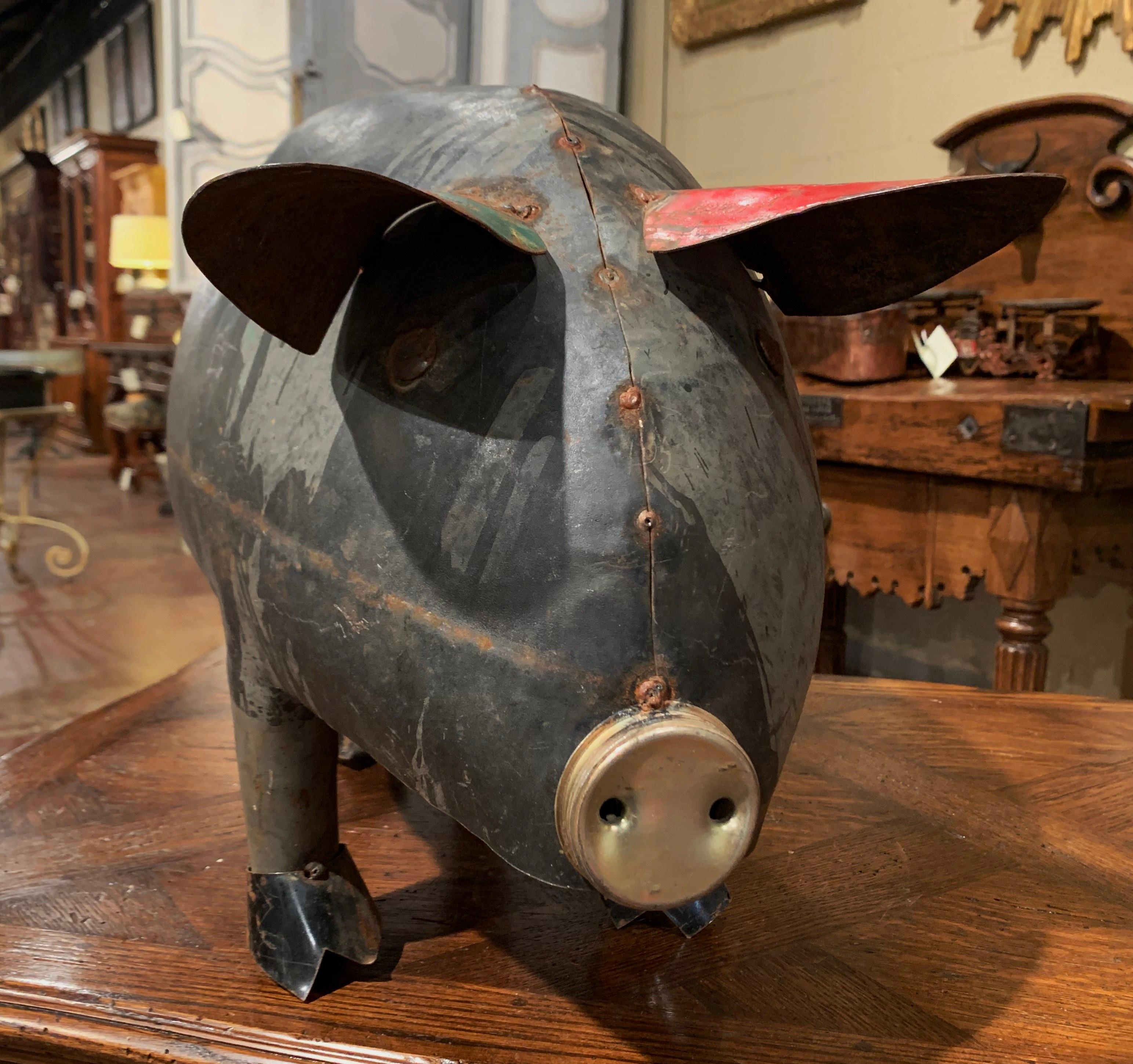 Hand-Crafted Vintage French Painted Tole Pig Made with Old Elements