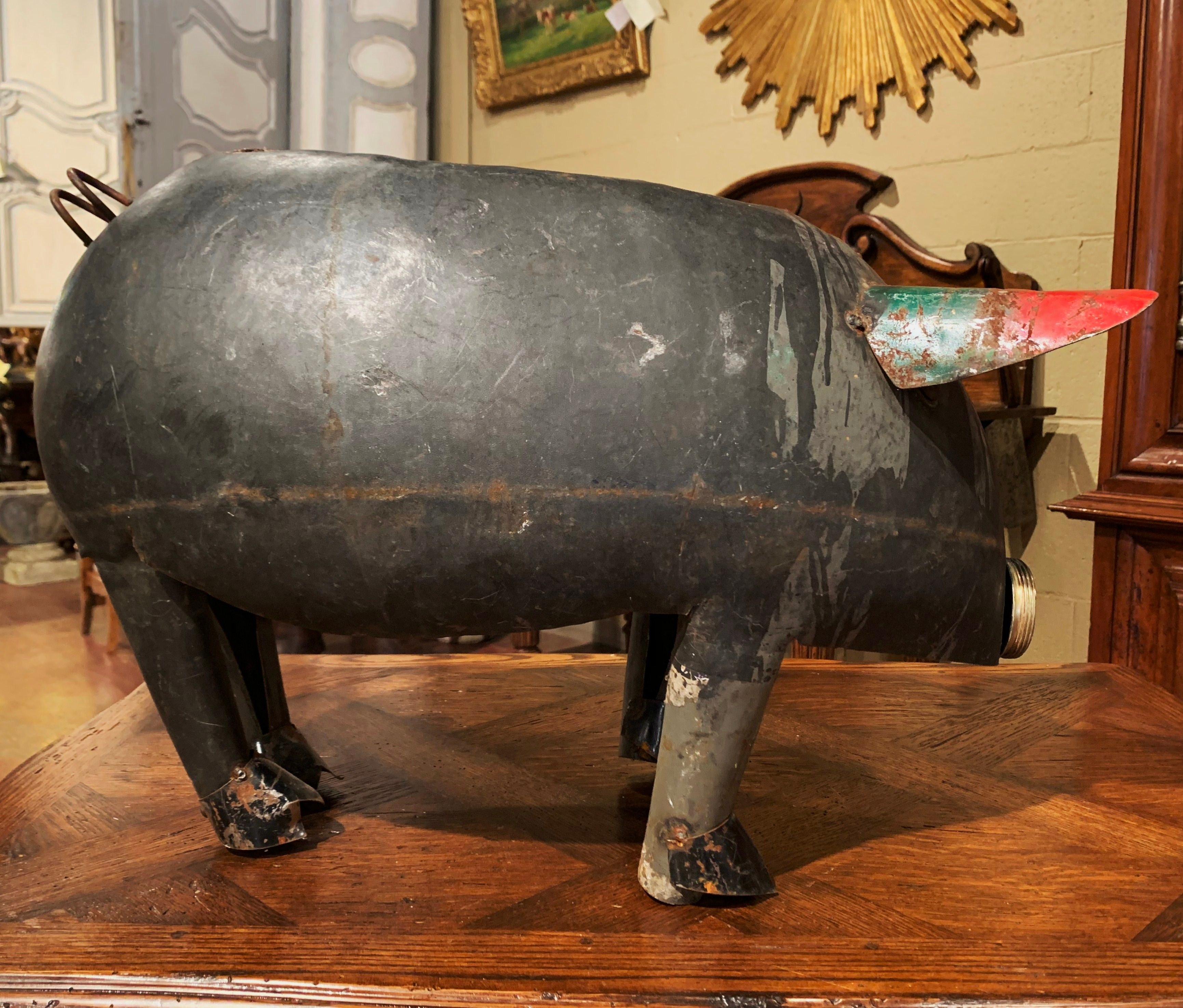 Vintage French Painted Tole Pig Made with Old Elements In Excellent Condition In Dallas, TX