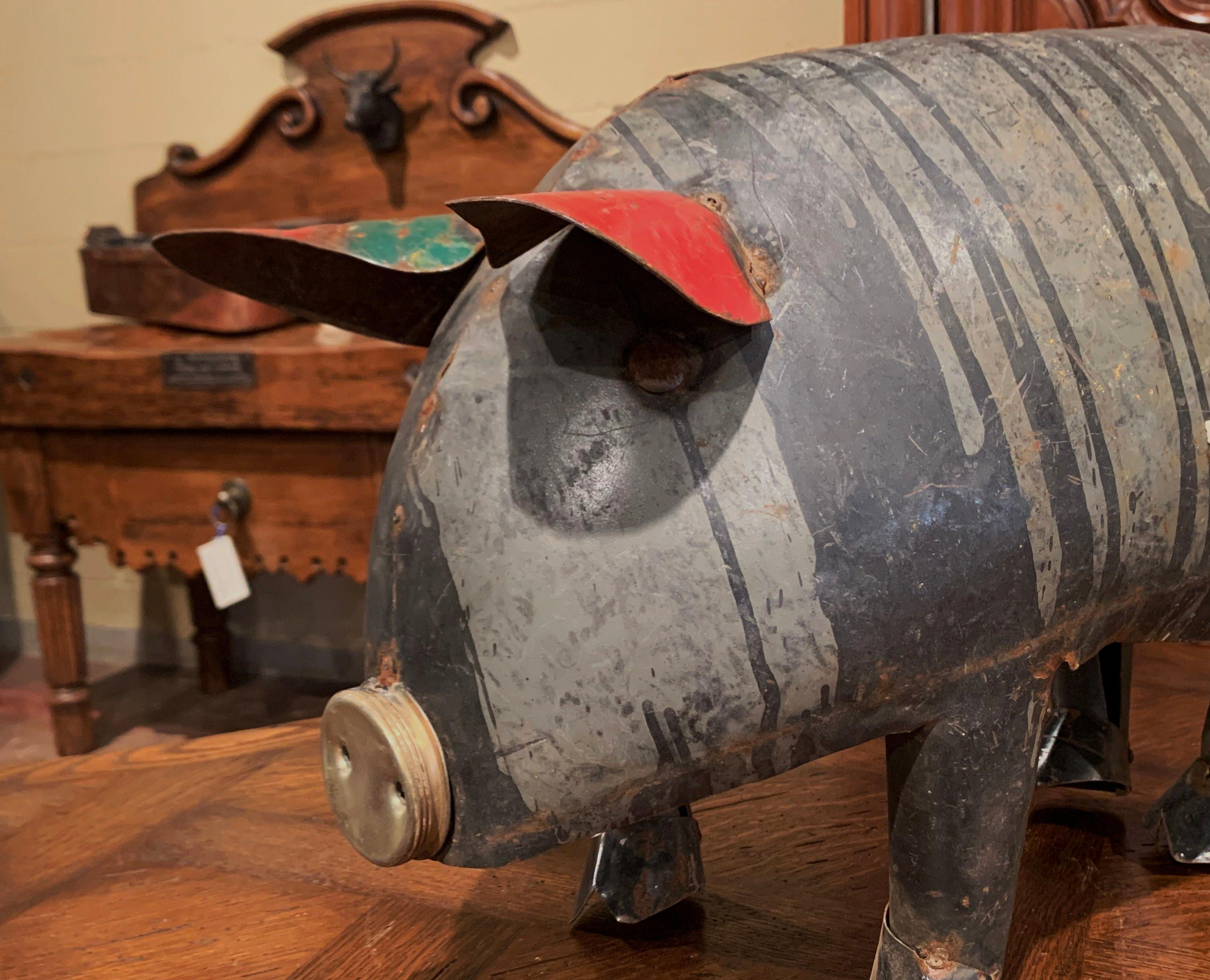 Metal Vintage French Painted Tole Pig Made with Old Elements