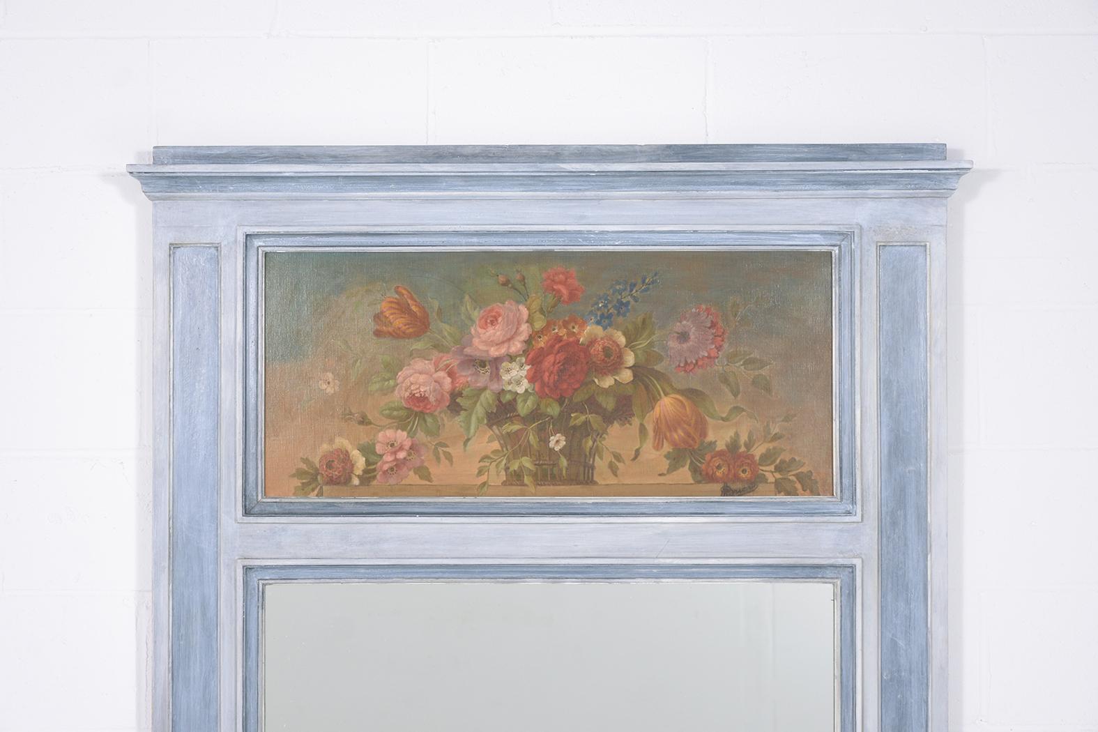 French Provincial Restored 1950s French Trumeau Mirror with Floral Painting - Vintage Elegance For Sale