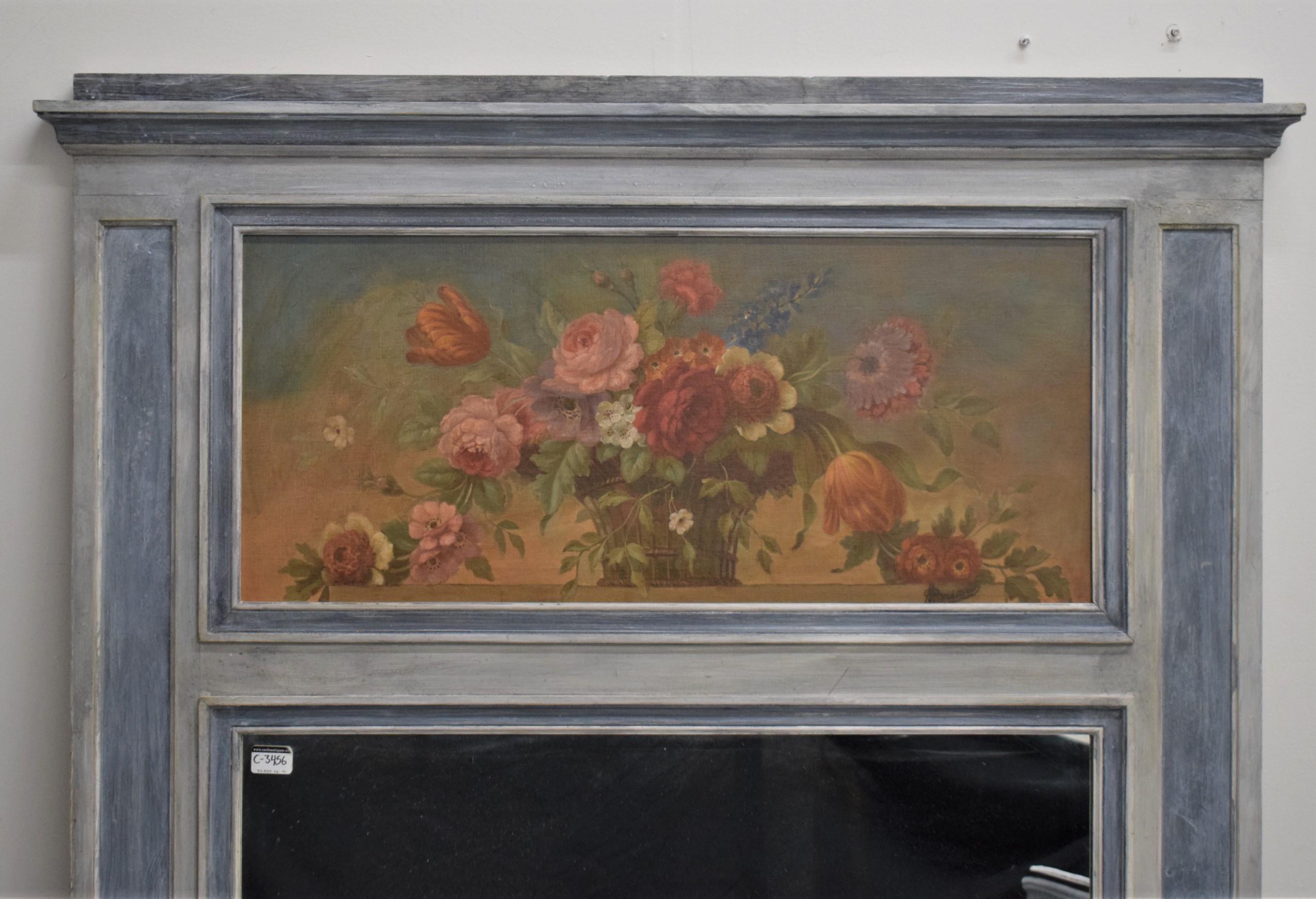 Lacquered Restored 1950s French Trumeau Mirror with Floral Painting - Vintage Elegance For Sale
