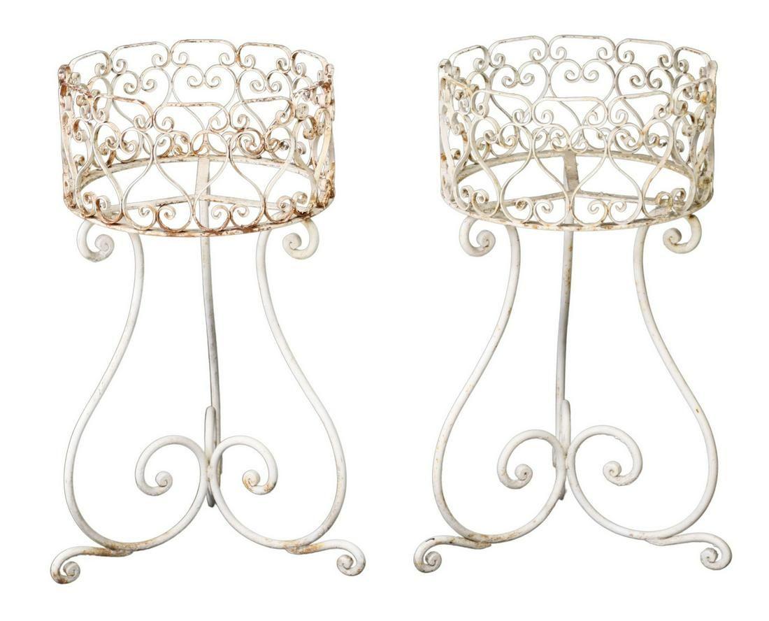 French Provincial Vintage French Painted Wrought Iron Plant Stands, Jardiniere - Set of 2 For Sale