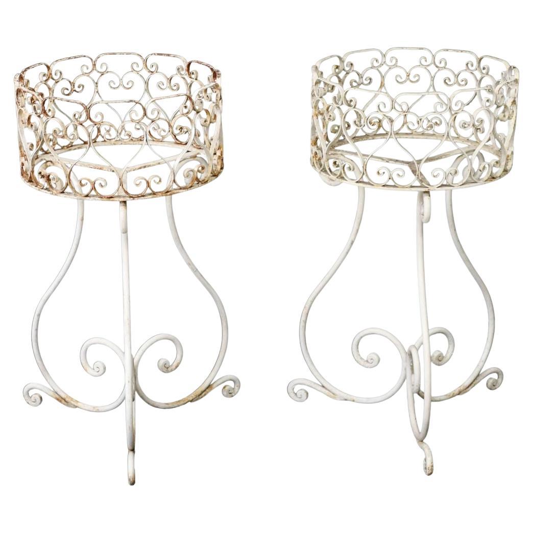 Vintage French Painted Wrought Iron Plant Stands, Jardiniere - Set of 2 For Sale