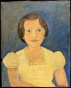 Ritratto francese di metà secolo raffigurante una ragazzina seduta con un vestito giallo, dipinto a olio