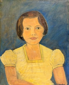 Ritratto francese di metà secolo raffigurante una ragazzina seduta con un vestito giallo, dipinto a olio