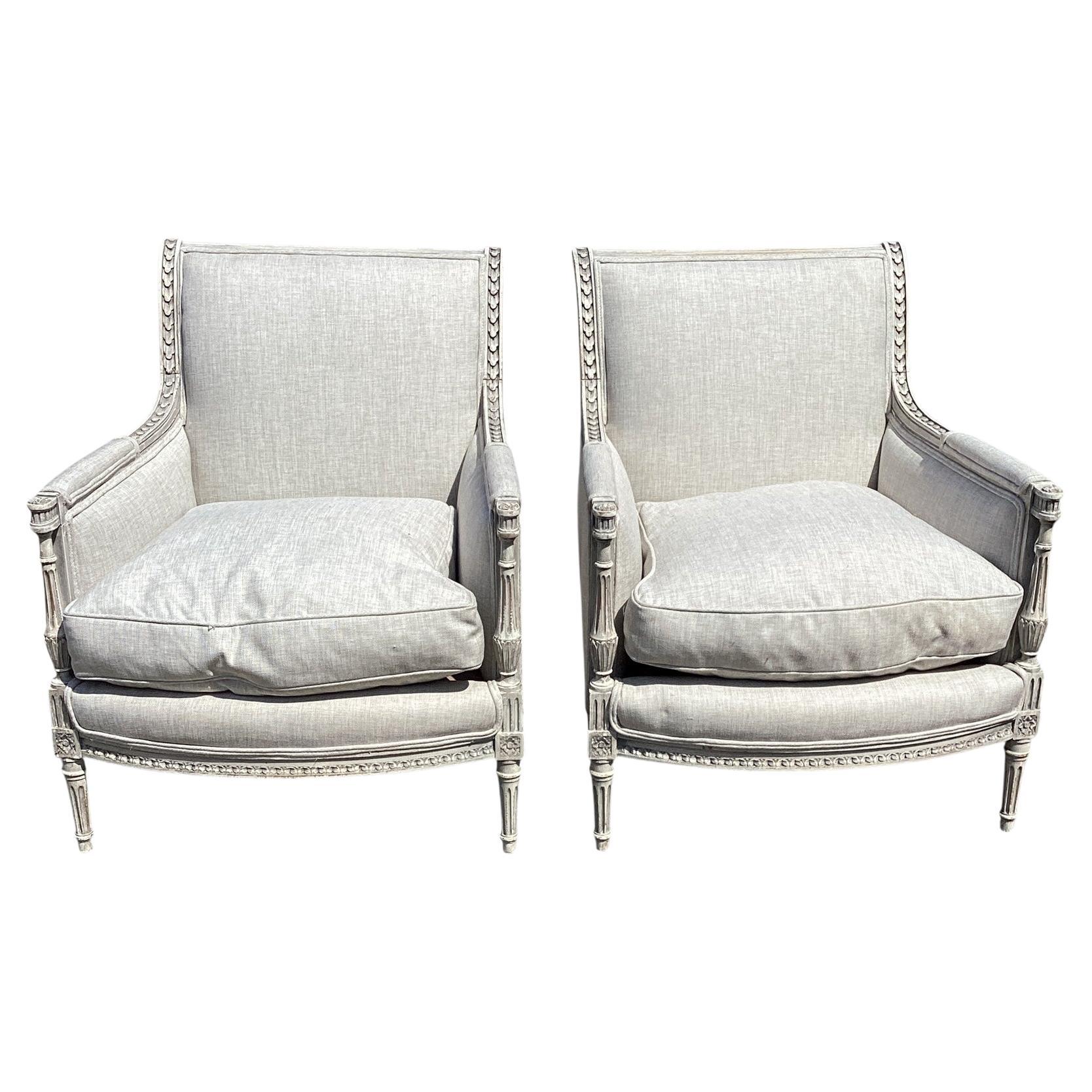 Vintage French Pair Louis XVI Style Upholstering Chairs, Newly Upholstered in Linen