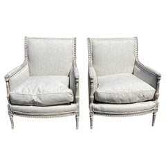 Vintage French Pair Louis XVI Style Upholstering Chairs, Newly Upholstered in Linen
