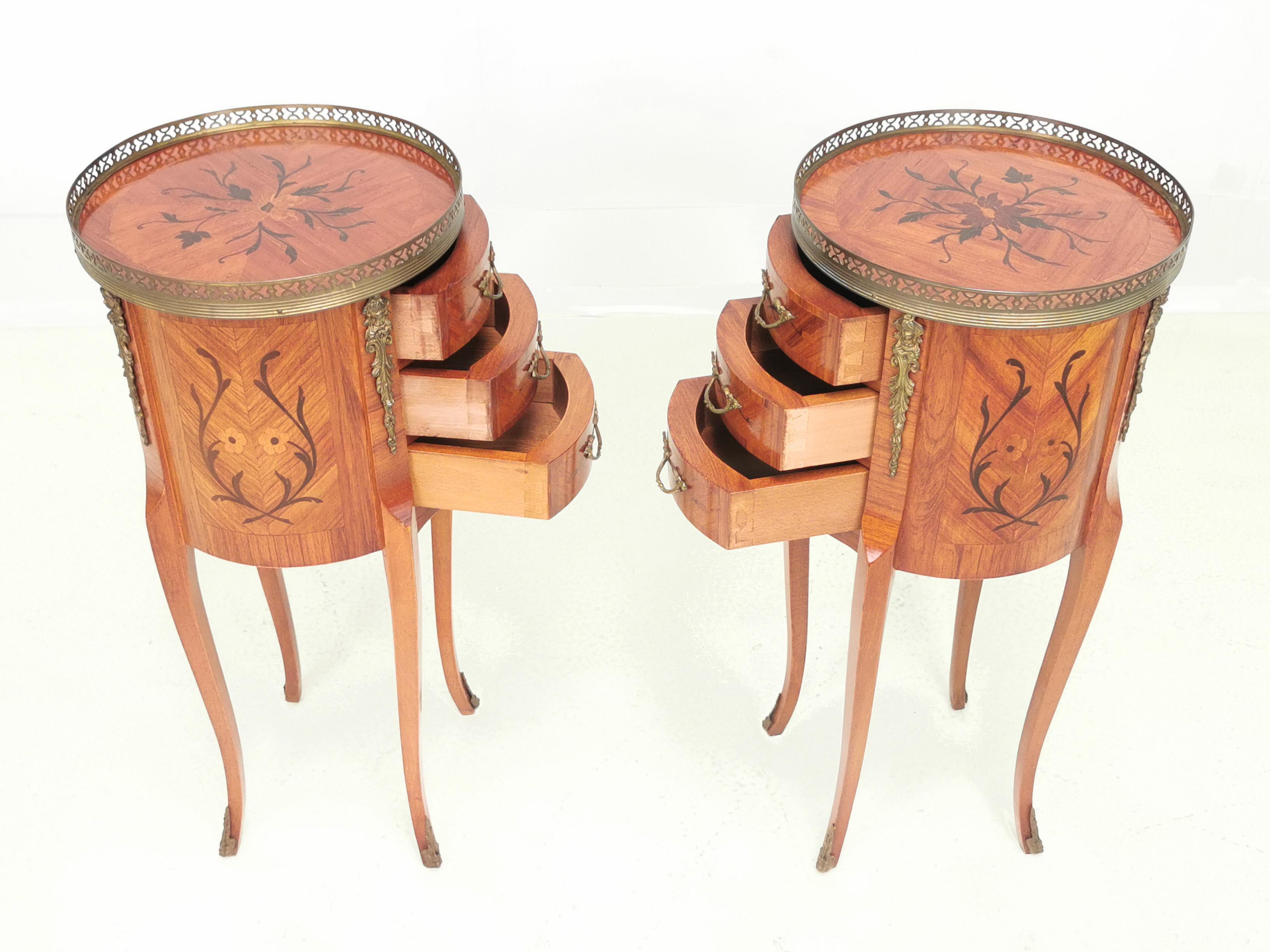 Wood Vintage French Pair Marquetry Bedside Table Chests