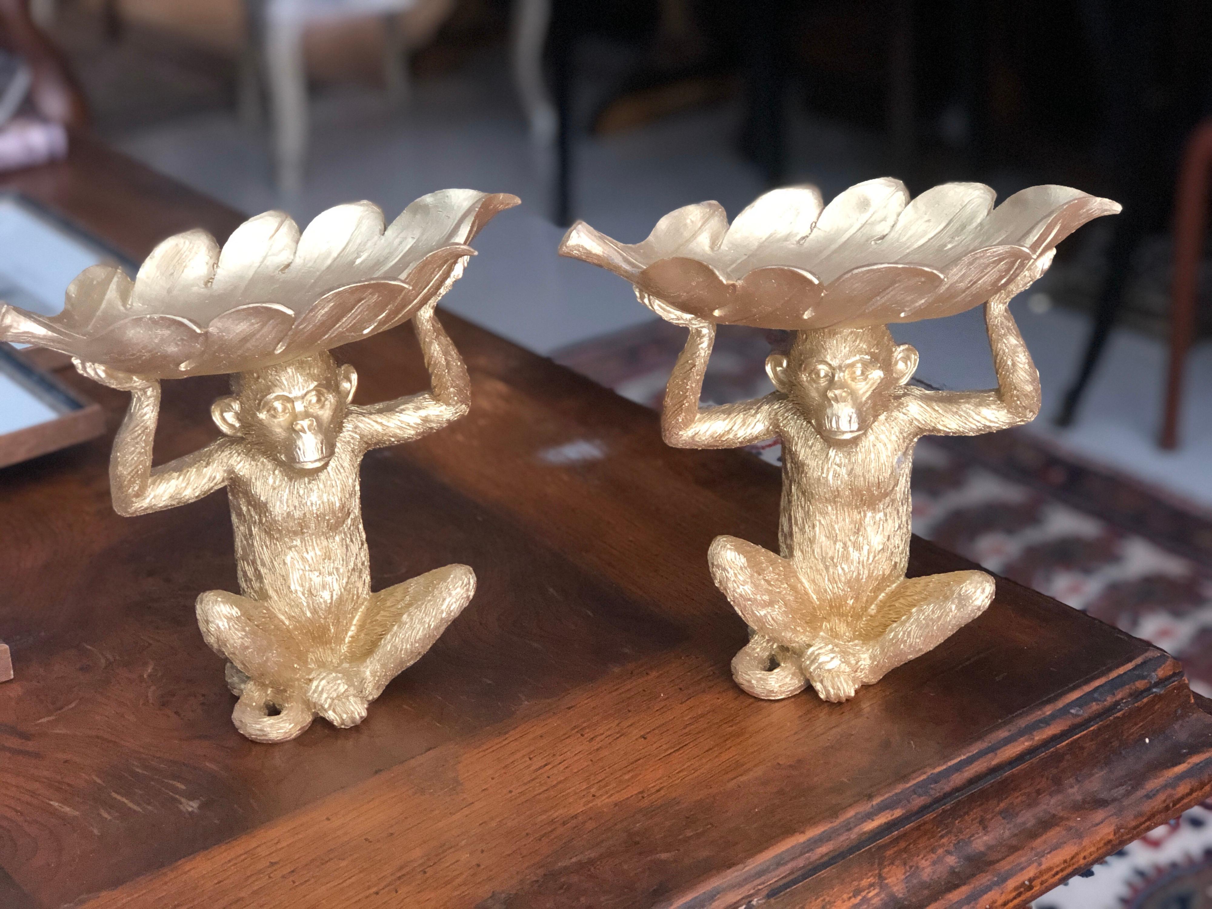 20th Century Vintage French Pair of Gold Painted Monkeys with Leaves Vide Poche or Pin Tray