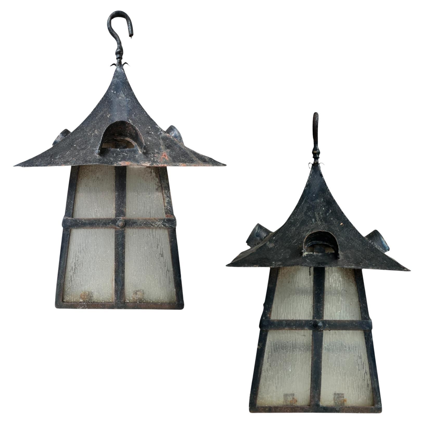 Vintage French Pair of Iron Lanterns For Sale