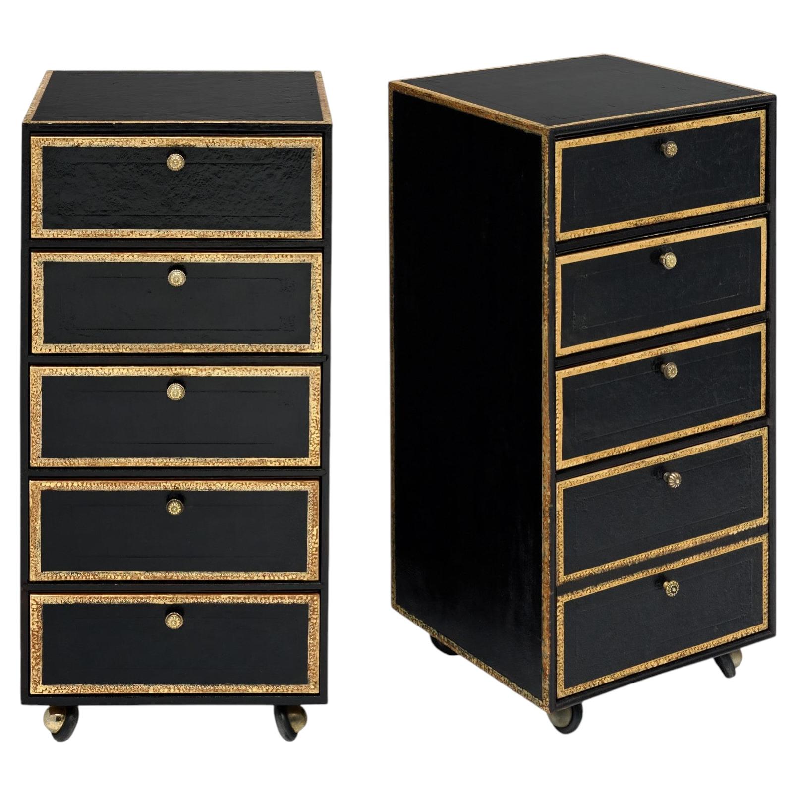 Vintage French Pair of Leather Covered Filing Cabinets, Casters