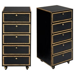 Vintage French Pair of Leather Covered Filing Cabinets, Casters