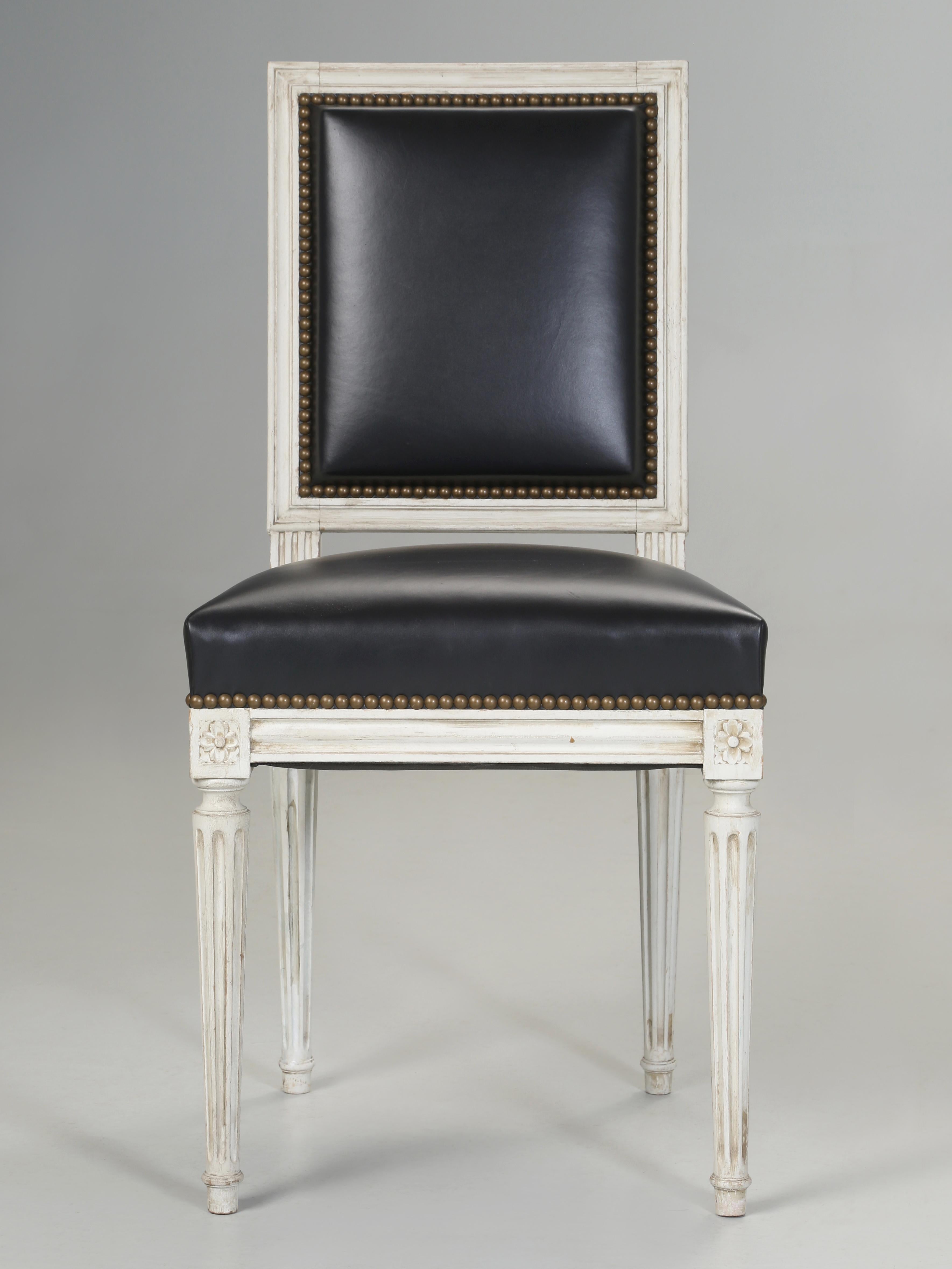 Vintage French Pair of Louis XVI Style Chairs Black Leather Horsehair Restored 6
